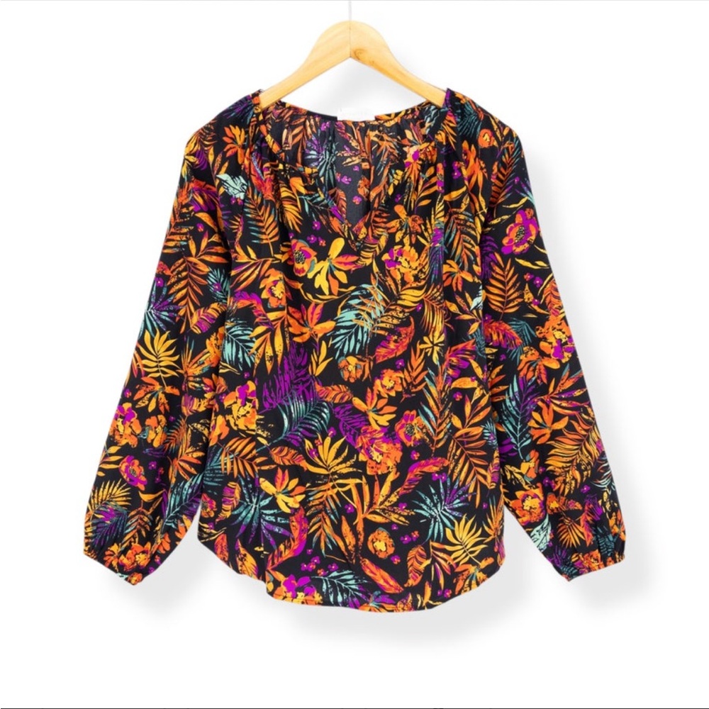 Emily Wonder Tropical Leaf Print Women's Blouse - Black and Orange